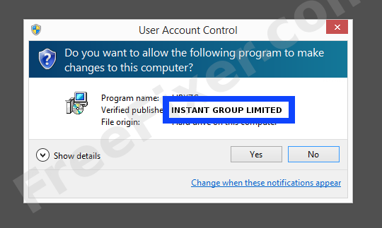 Screenshot where INSTANT GROUP LIMITED appears as the verified publisher in the UAC dialog